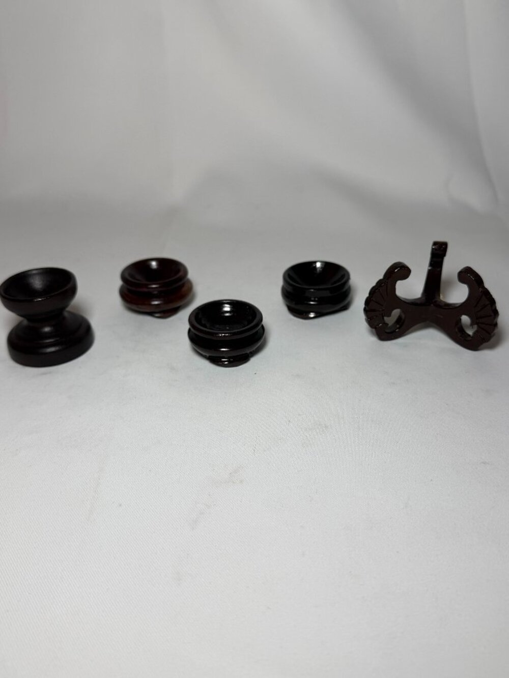 Lot of 5 Vtg Dark Stained Wooden Stands for Decor Eggs/Orbs Display Bases EUC